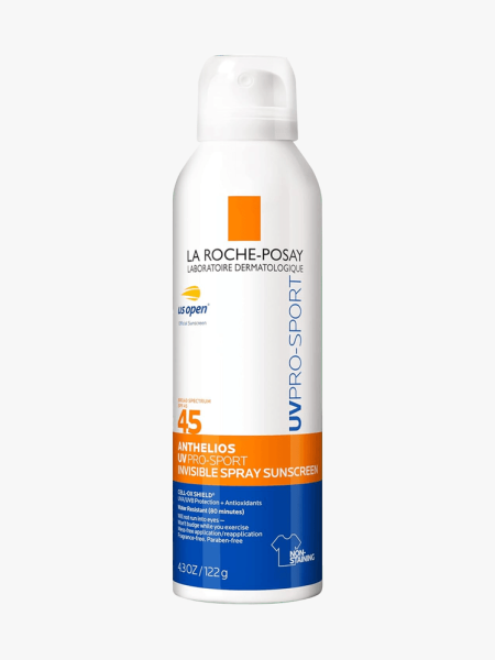 La Roche-Posay Anthelios UV Pro-Sport Invisible Spray Sunscreen SPF 45 in branded component on a light gray background