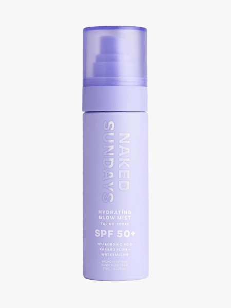 Naked Sundays Hydrating Glow Mist Setting Spray SPF 50 in branded component on a light gray background