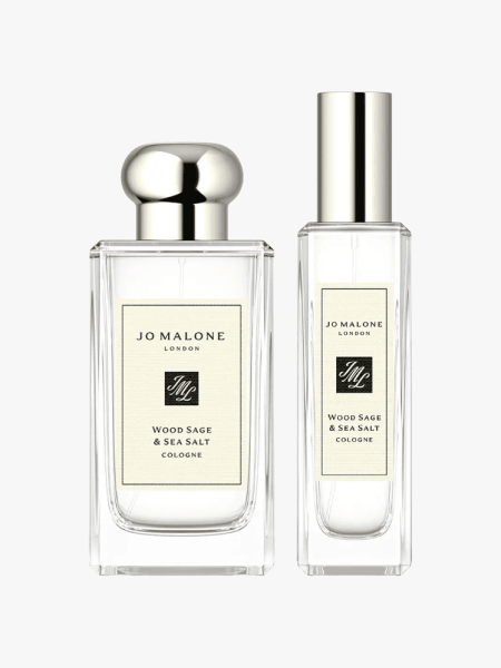 Jo Malone Wood Sage & Sea Salt Home & Away Gift Set in branded components on a light gray background
