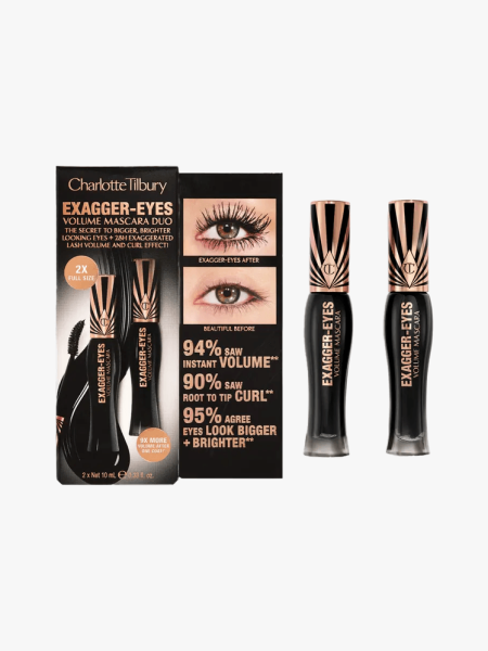 Charlotte Tilbury Exagger-Eyes Volume Mascara Duo in branded components on a light gray background